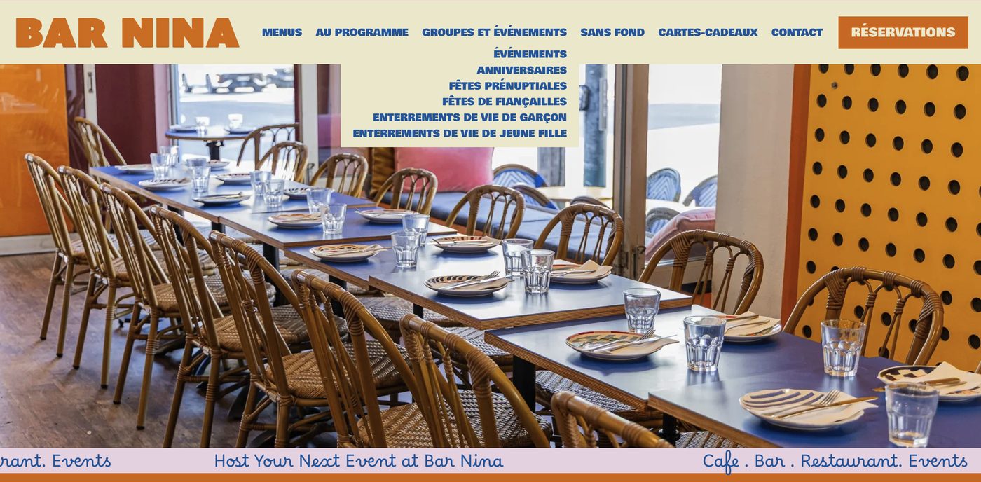 Page groupes et événements créée pour Bar Nina